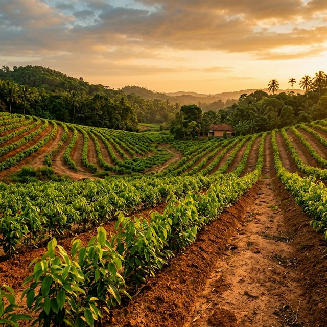 Cinnamon plantation in Southern Sri Lanka at golden hour