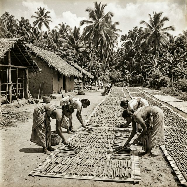 Sri Lankan women drying cinnamon bark strips on bamboo mats in sunlight, circa 1945