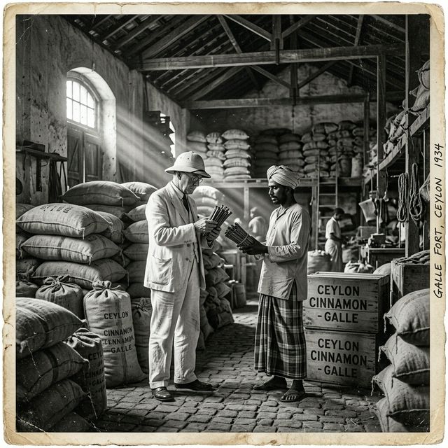 Ceylon cinnamon traders at Galle Fort warehouse, circa 1920