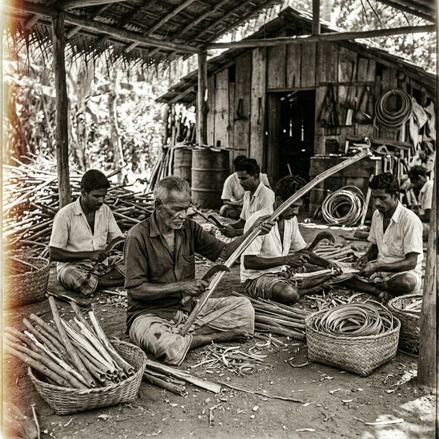 Sri Lankan cinnamon peelers at work, Southern Ceylon, circa 1940