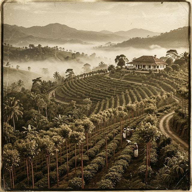 Colonial Ceylon cinnamon plantation estate on misty hillside, circa 1932